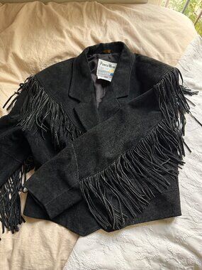 Vintage Pioneer Wear Black Fringe Leather Jacket USA Size 14